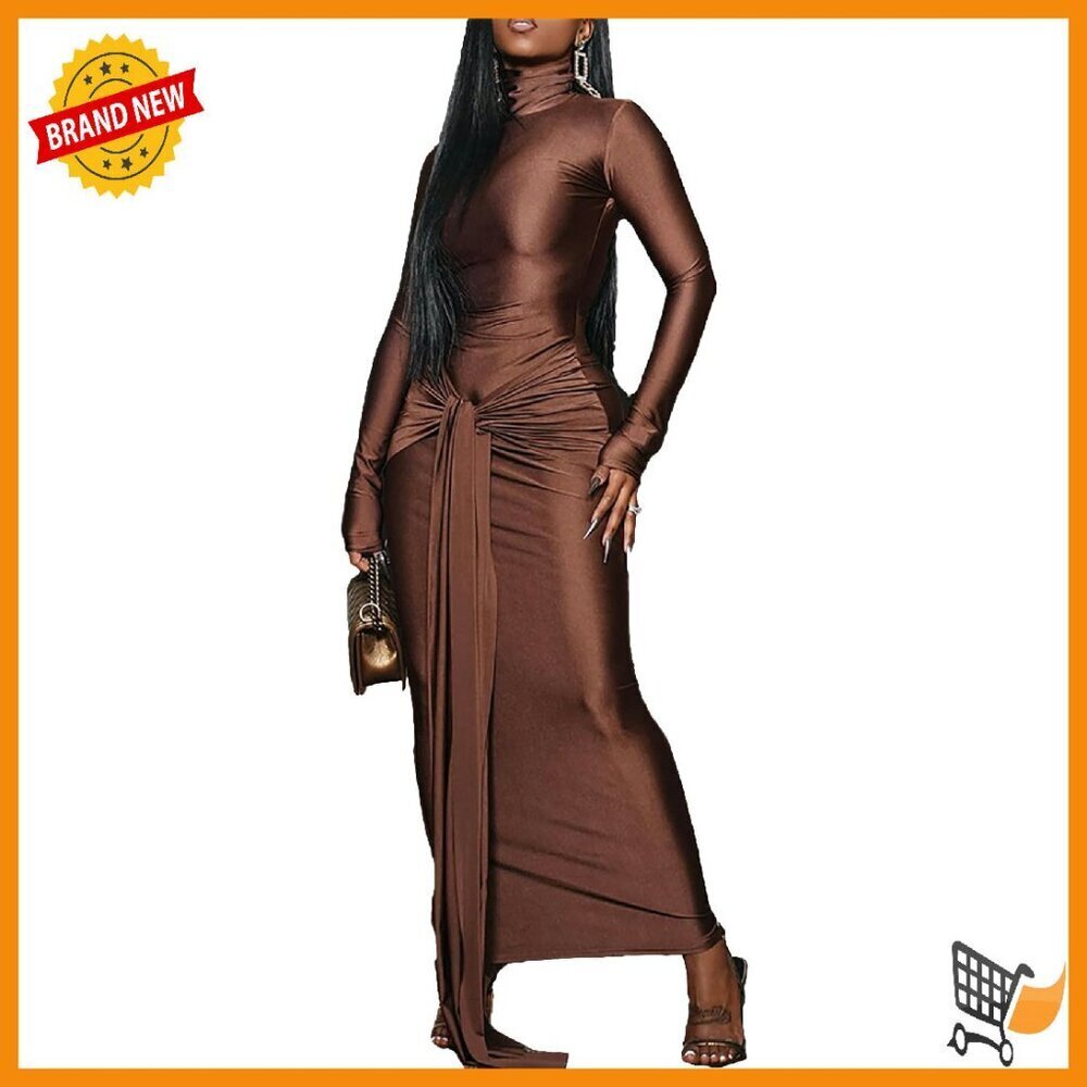 Long Sleeve Formal Maxi Dress Bodycon Ruched Tie Front Wedding Guest